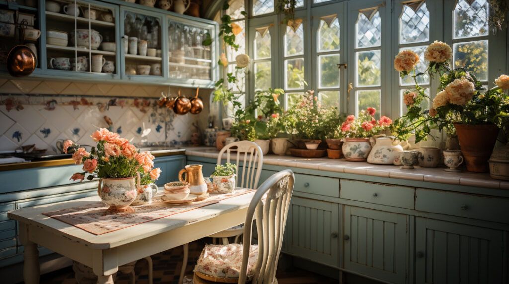 Cuisine shabby chic avec des textures et des motifs différents