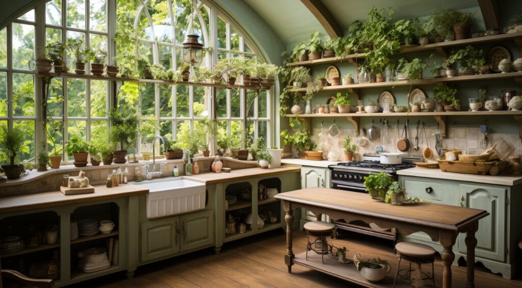 Cuisine shabby chic avec des plantes