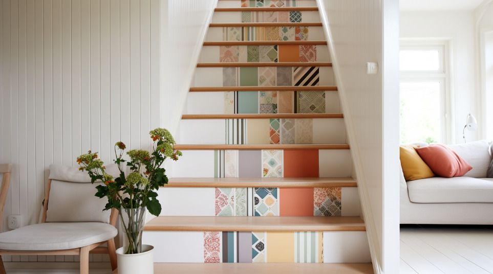 Escalier avec des bandes de papier peint sur les marches