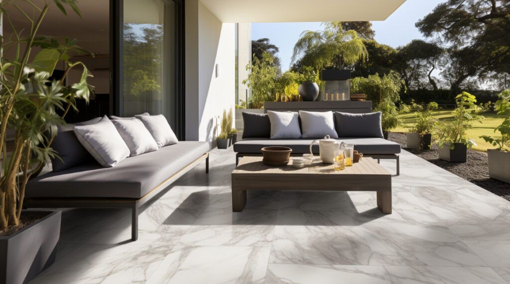 Carrelage marbre gris sur terrasse