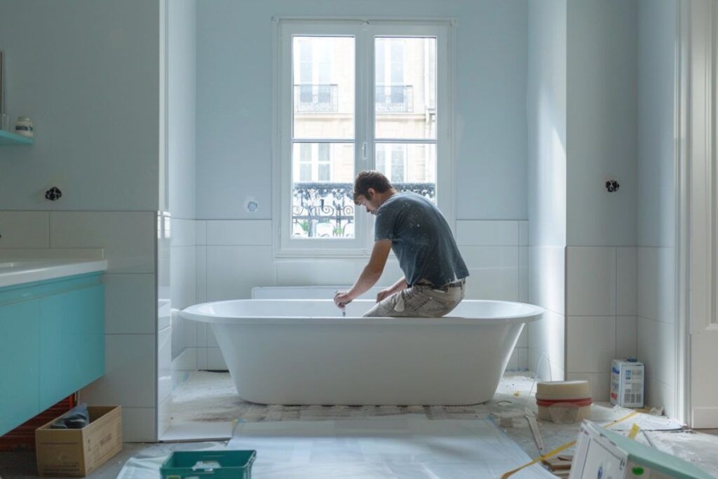 Professionnel qui installe une baignoire